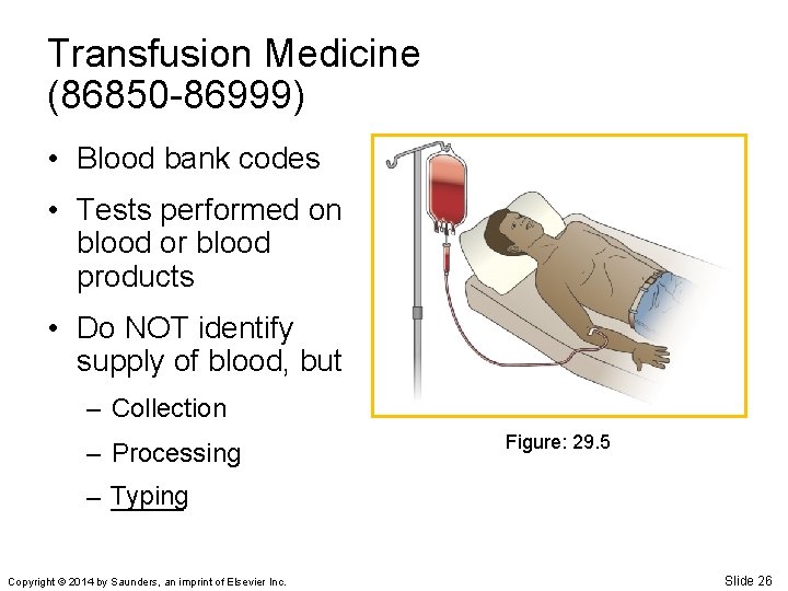 Transfusion Medicine (86850 -86999) • Blood bank codes • Tests performed on blood or