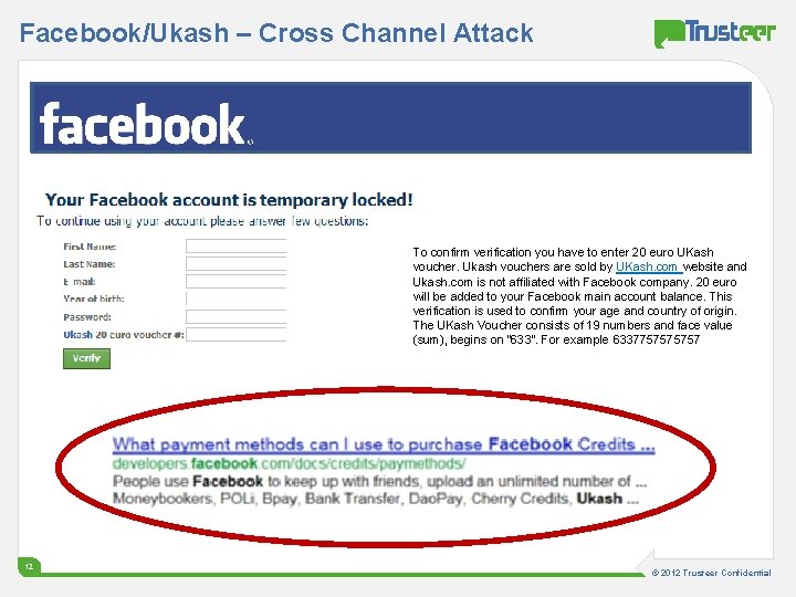 Facebook/Ukash – Cross Channel Attack To confirm verification you have to enter 20 euro