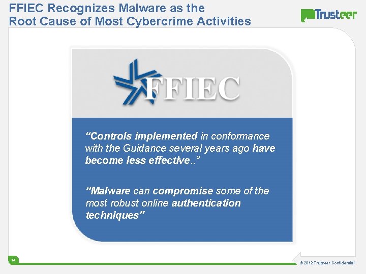 FFIEC Recognizes Malware as the Root Cause of Most Cybercrime Activities “Controls implemented in