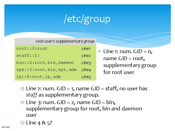 /etc/group root user’s supplementary group root: : 0: root Line 1 staff: : 1: