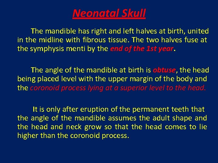Neonatal Skull The mandible has right and left halves at birth, united in the