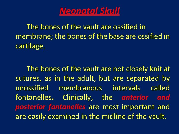 Neonatal Skull The bones of the vault are ossified in membrane; the bones of