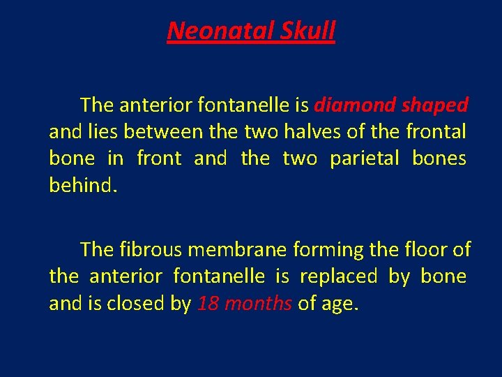 Neonatal Skull The anterior fontanelle is diamond shaped and lies between the two halves