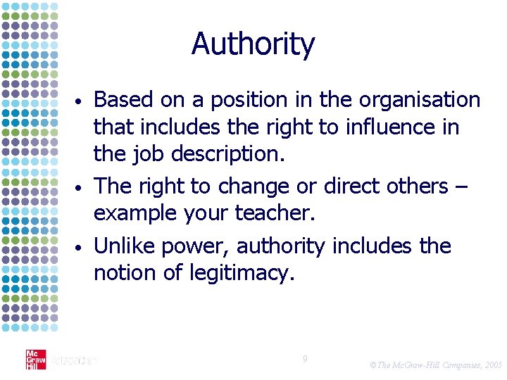 Authority • • • Based on a position in the organisation that includes the