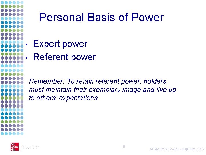 Personal Basis of Power • • Expert power Referent power Remember: To retain referent