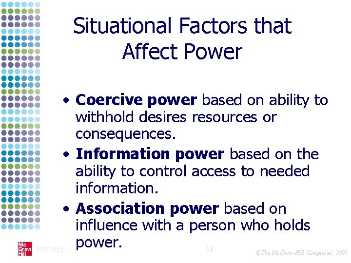 Situational Factors that Affect Power • Coercive power based on ability to withhold desires