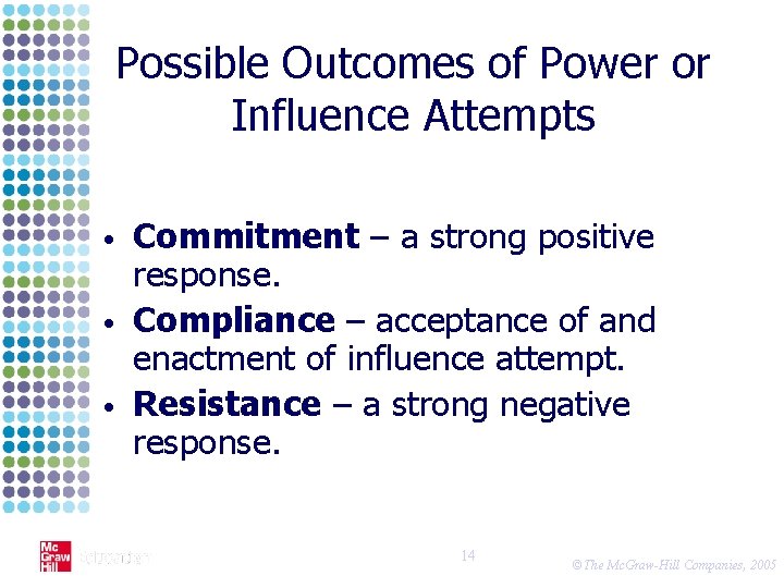 Possible Outcomes of Power or Influence Attempts • • • Commitment – a strong
