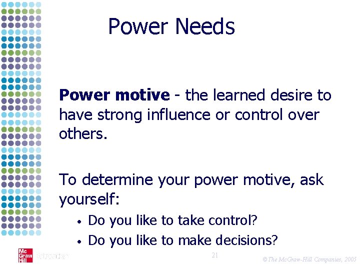 Power Needs Power motive - the learned desire to have strong influence or control
