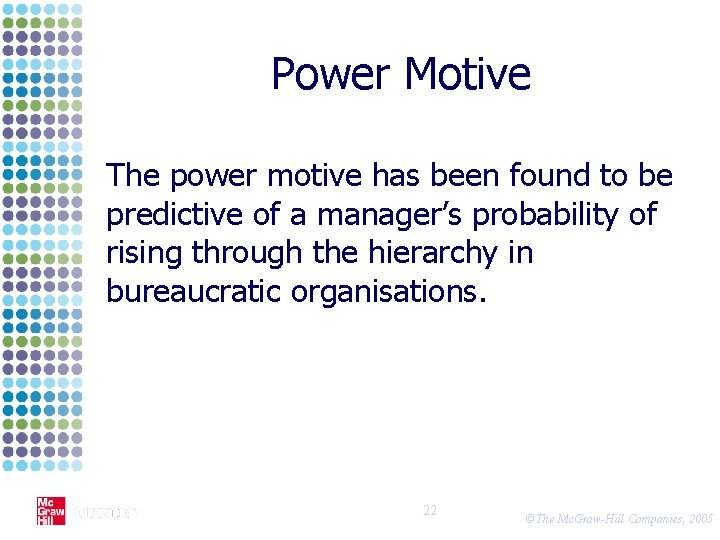 Power Motive The power motive has been found to be predictive of a manager’s