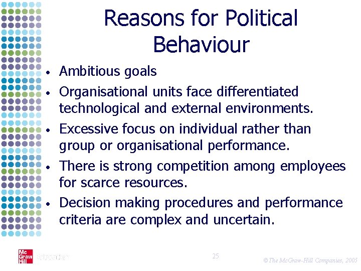 Reasons for Political Behaviour • • • Ambitious goals Organisational units face differentiated technological