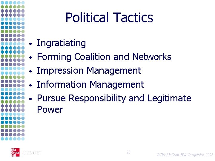 Political Tactics • • • Ingratiating Forming Coalition and Networks Impression Management Information Management