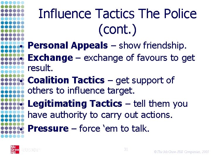 Influence Tactics The Police (cont. ) • • • Personal Appeals – show friendship.