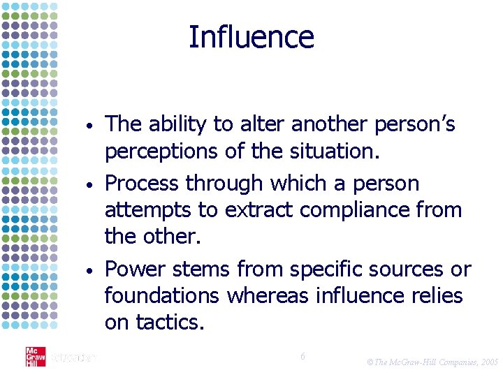 Influence • • • The ability to alter another person’s perceptions of the situation.