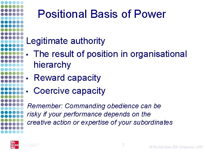 Positional Basis of Power Legitimate authority • The result of position in organisational hierarchy