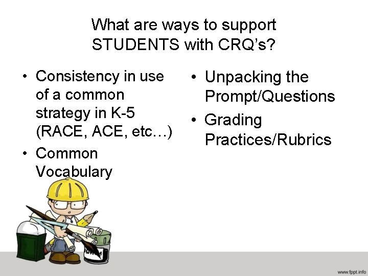 What are ways to support STUDENTS with CRQ’s? • Consistency in use of a