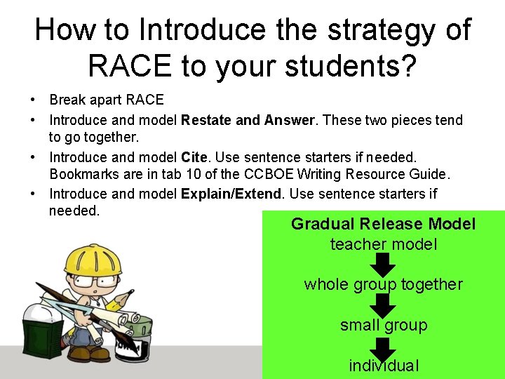 How to Introduce the strategy of RACE to your students? • Break apart RACE