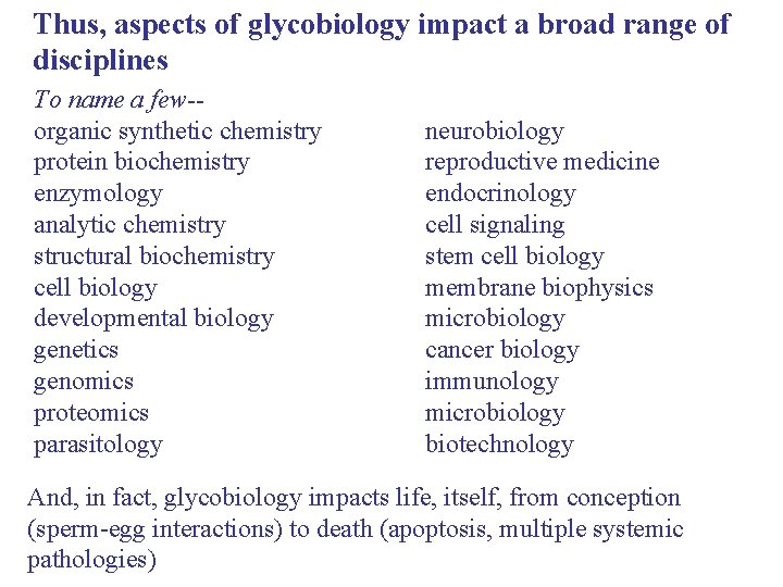 Thus, aspects of glycobiology impact a broad range of disciplines To name a few-organic