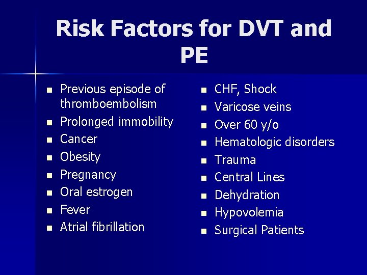Risk Factors for DVT and PE n n n n Previous episode of thromboembolism