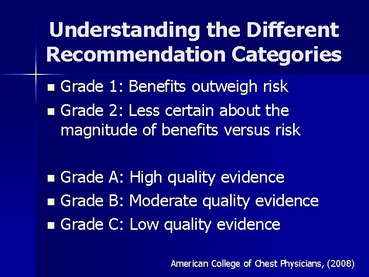 Understanding the Different Recommendation Categories n n n Grade 1: Benefits outweigh risk Grade