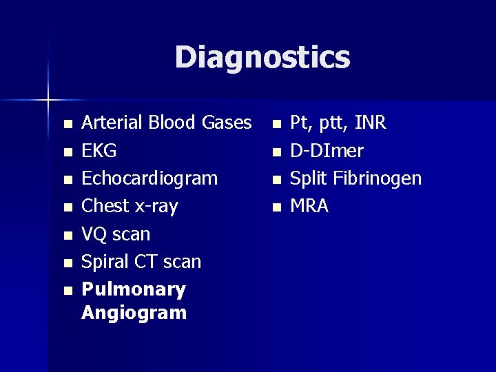 Diagnostics n n n n Arterial Blood Gases EKG Echocardiogram Chest x-ray VQ scan