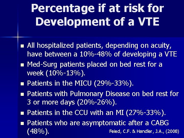 Percentage if at risk for Development of a VTE n n n All hospitalized