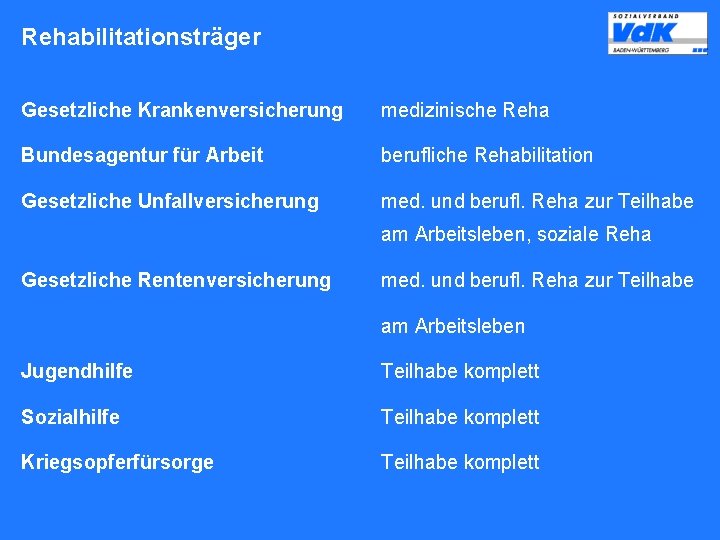 Rehabilitationsträger Gesetzliche Krankenversicherung medizinische Reha Bundesagentur für Arbeit berufliche Rehabilitation Gesetzliche Unfallversicherung med. und