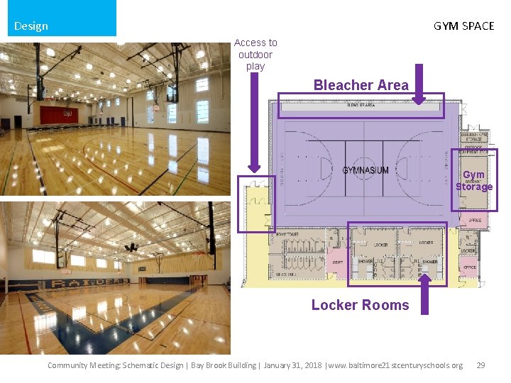 Design GYM SPACE Access to outdoor play Bleacher Area Gym Storage Locker Rooms Community