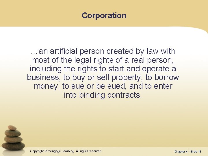 Corporation …an artificial person created by law with most of the legal rights of