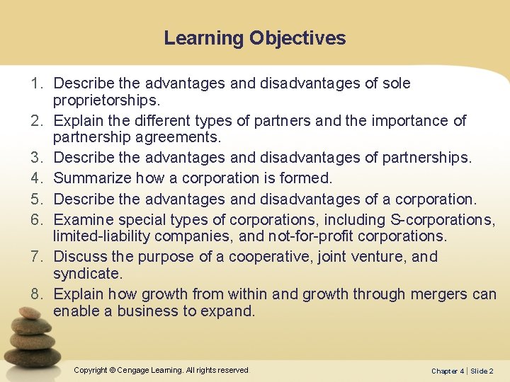Learning Objectives 1. Describe the advantages and disadvantages of sole proprietorships. 2. Explain the