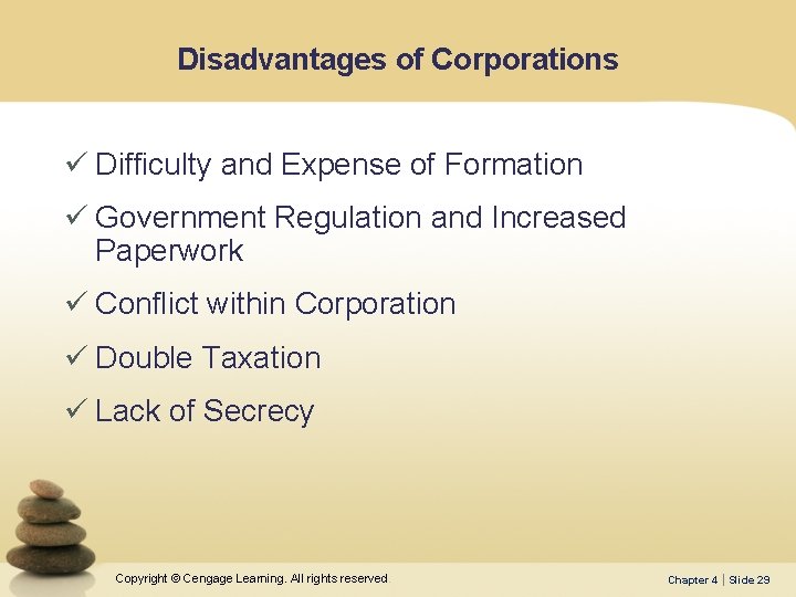 Disadvantages of Corporations ü Difficulty and Expense of Formation ü Government Regulation and Increased