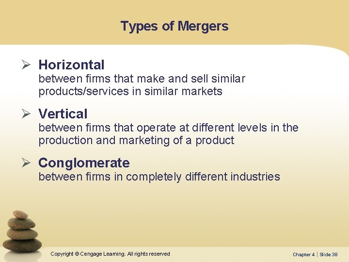 Types of Mergers Ø Horizontal between firms that make and sell similar products/services in