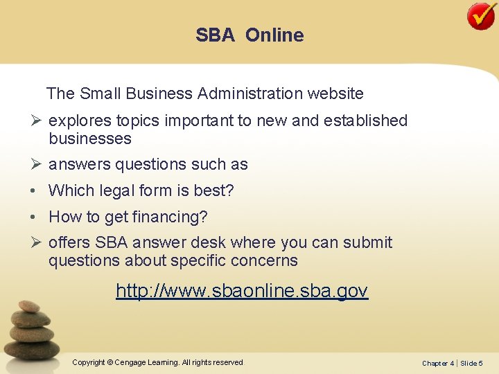 SBA Online The Small Business Administration website Ø explores topics important to new and
