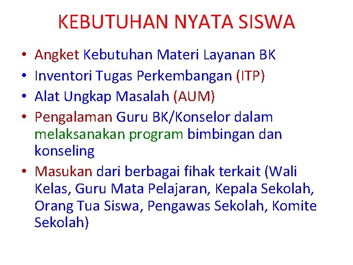 KEBUTUHAN NYATA SISWA Angket Kebutuhan Materi Layanan BK Inventori Tugas Perkembangan (ITP) Alat Ungkap