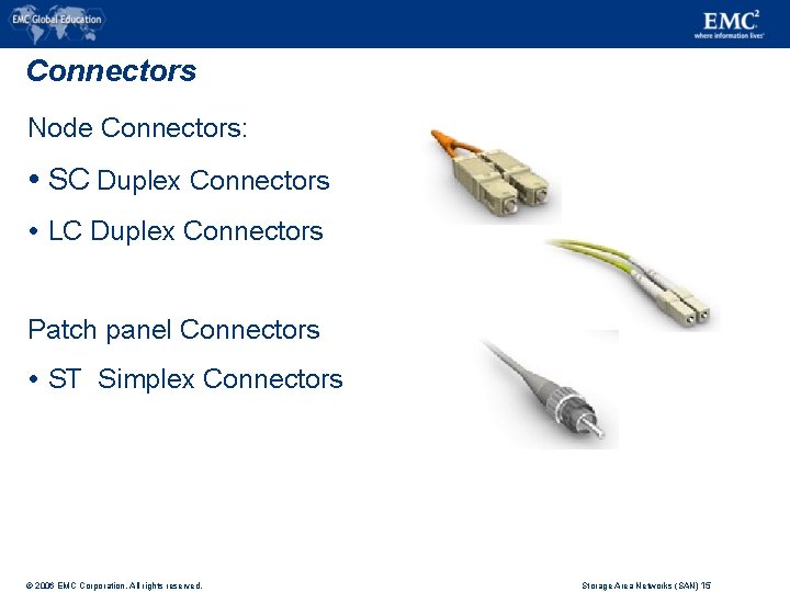 Connectors Node Connectors: SC Duplex Connectors LC Duplex Connectors Patch panel Connectors ST Simplex