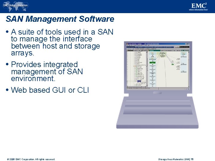 SAN Management Software A suite of tools used in a SAN to manage the