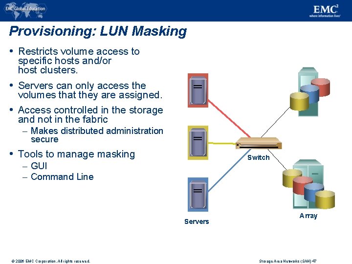 Provisioning: LUN Masking Restricts volume access to specific hosts and/or host clusters. Servers can