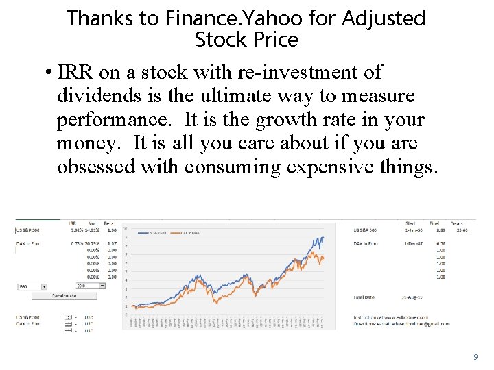 Thanks to Finance. Yahoo for Adjusted Stock Price • IRR on a stock with