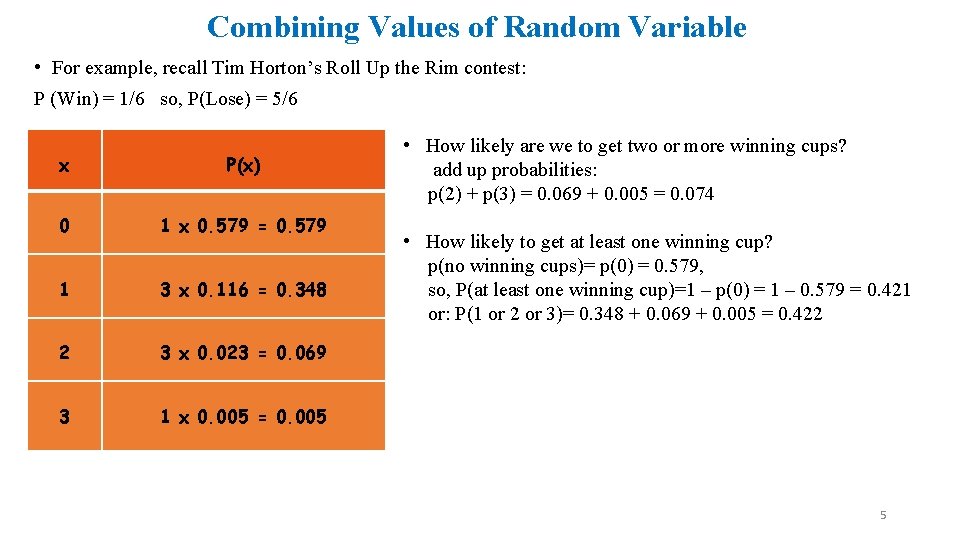 Combining Values of Random Variable • For example, recall Tim Horton’s Roll Up the