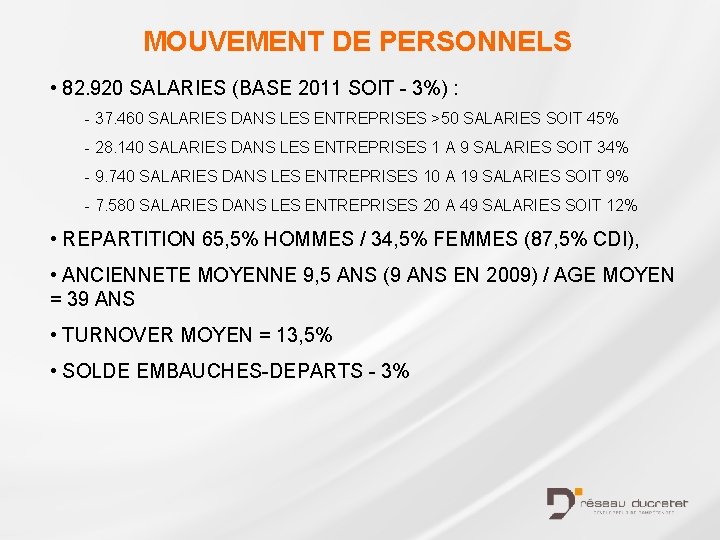 MOUVEMENT DE PERSONNELS • 82. 920 SALARIES (BASE 2011 SOIT - 3%) : -