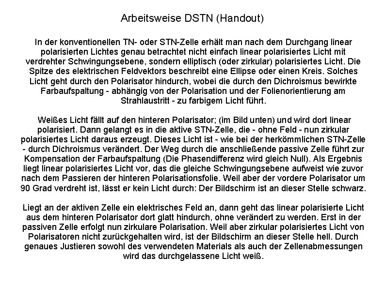 Arbeitsweise DSTN (Handout) In der konventionellen TN- oder STN-Zelle erhält man nach dem Durchgang