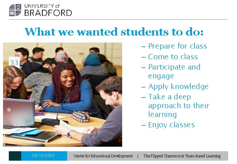 What we wanted students to do: – Prepare for class – Come to class