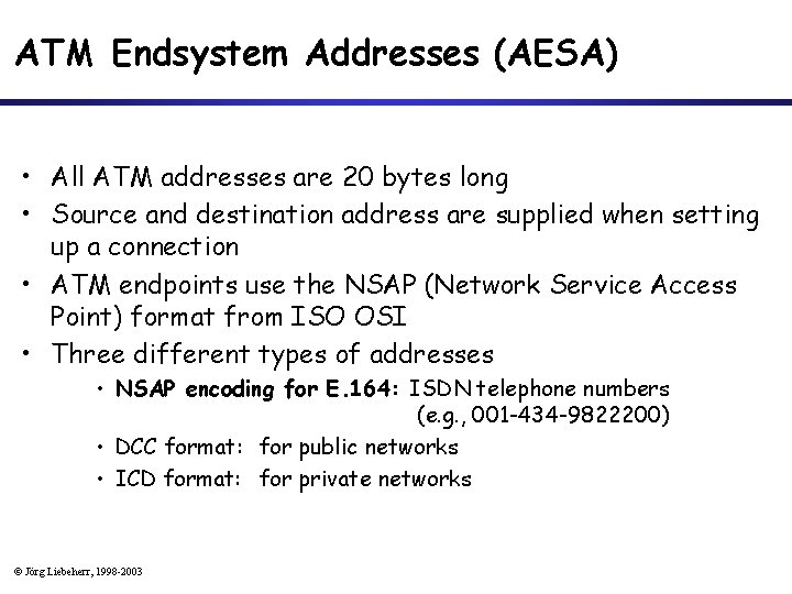 ATM Endsystem Addresses (AESA) • All ATM addresses are 20 bytes long • Source