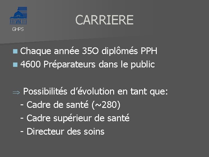 GHPS CARRIERE n Chaque année 35 O diplômés PPH n 4600 Préparateurs dans le