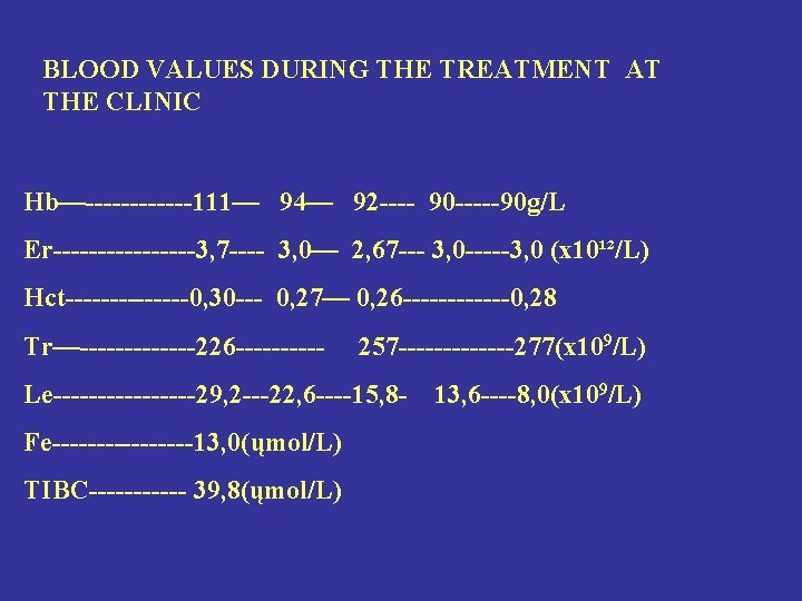 BLOOD VALUES DURING THE TREATMENT AT THE CLINIC Hb—------111— 94— 92 ---- 90 -----90