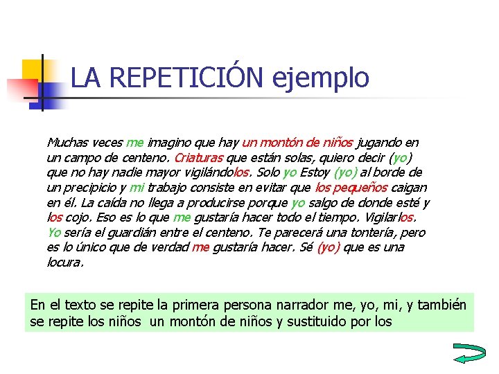 LA REPETICIÓN ejemplo Muchas veces me imagino que hay un montón de niños jugando