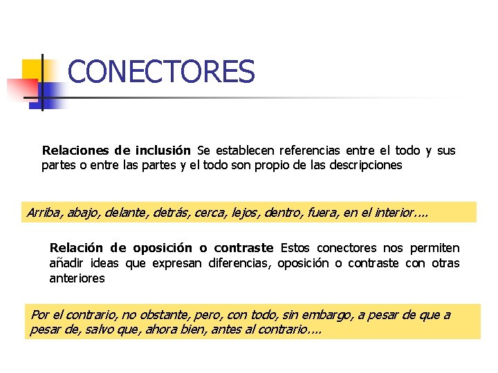 CONECTORES Relaciones de inclusión Se establecen referencias entre el todo y sus partes o