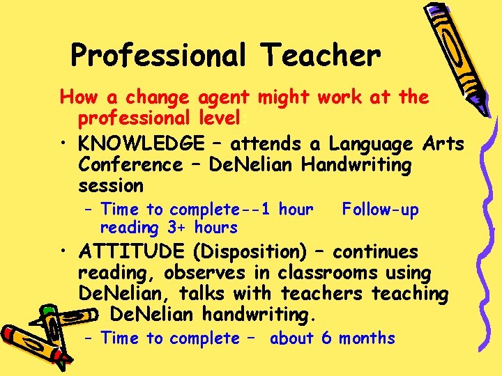 Professional Teacher How a change agent might work at the professional level: • KNOWLEDGE