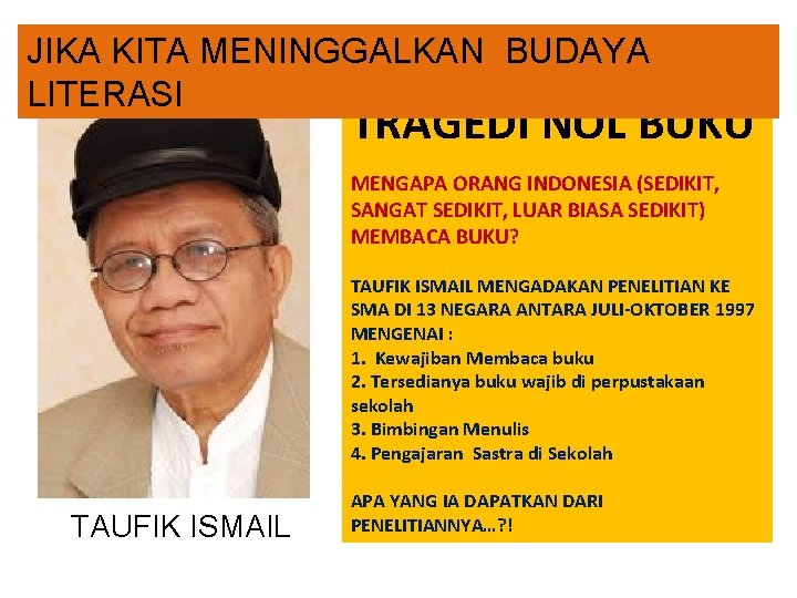 JIKA KITA MENINGGALKAN BUDAYA LITERASI TRAGEDI NOL BUKU MENGAPA ORANG INDONESIA (SEDIKIT, SANGAT SEDIKIT,