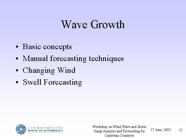 Wave Growth • • Basic concepts Manual forecasting techniques Changing Wind Swell Forecasting Workshop