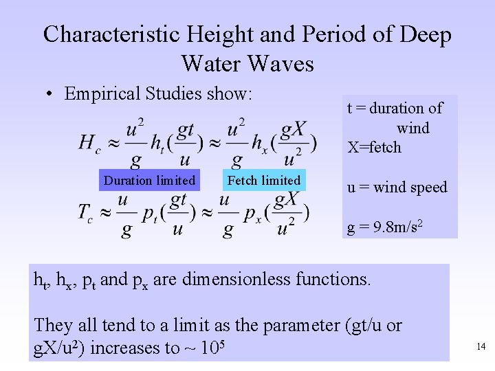 Characteristic Height and Period of Deep Water Waves • Empirical Studies show: Duration limited